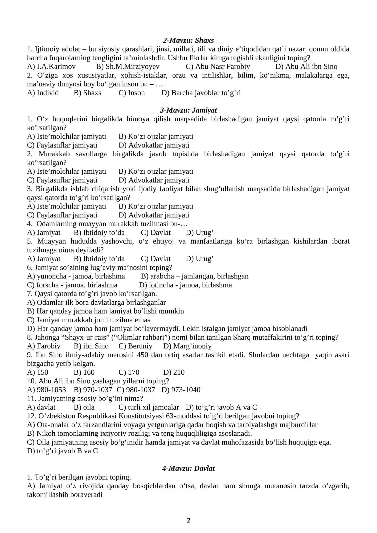 8-SINF O‘ZBEKISTON DAVLATI VA HUQUQI ASOSLARI fanidan (Yangi 2019-yilgi darslik asosida) lashtirilgan testlar 2
