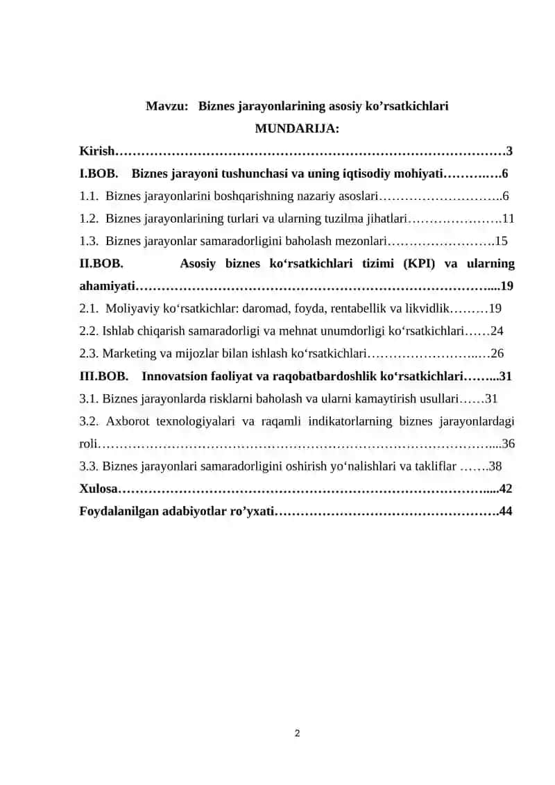 Biznes jarayonlarining asosiy ko’rsatkichlari 2