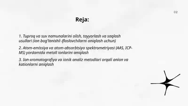 Tuproq va suvdagi ion bog'lanishli ifloslovchi moddalarni aniqlash ularni kimyoviy ekalogik xavfsiz tozalash usullari 2