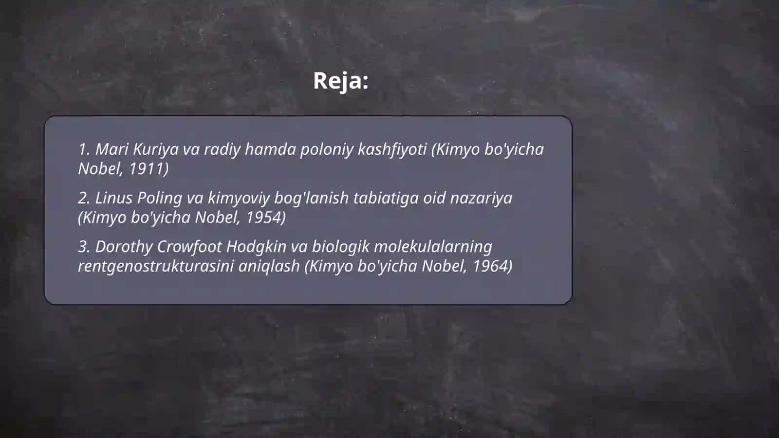 Kimyo sohasida Nobel mukofoti sovrindorlari va yutuqlari 2