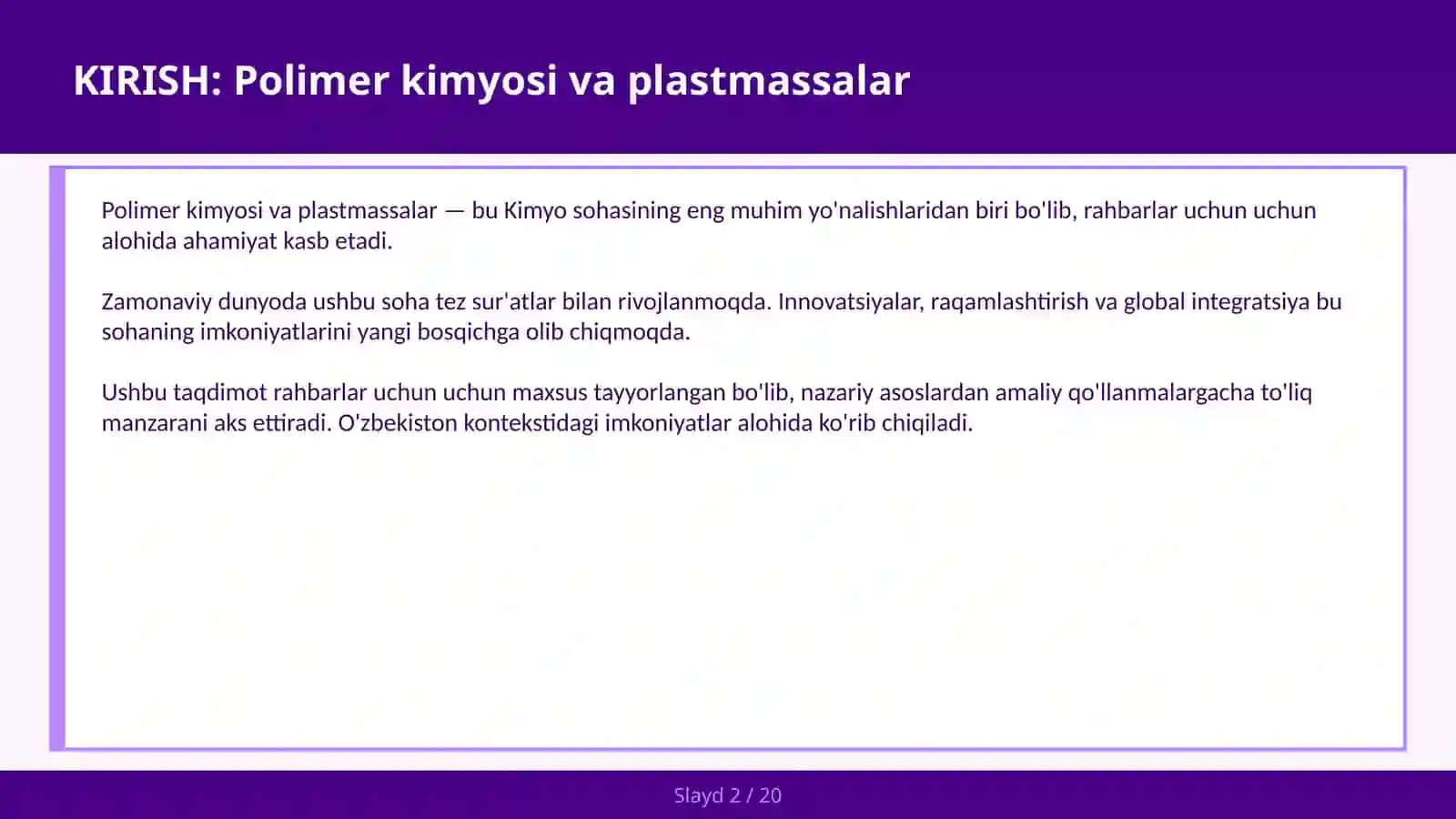 Polimer kimyosi va plastmassalar 2
