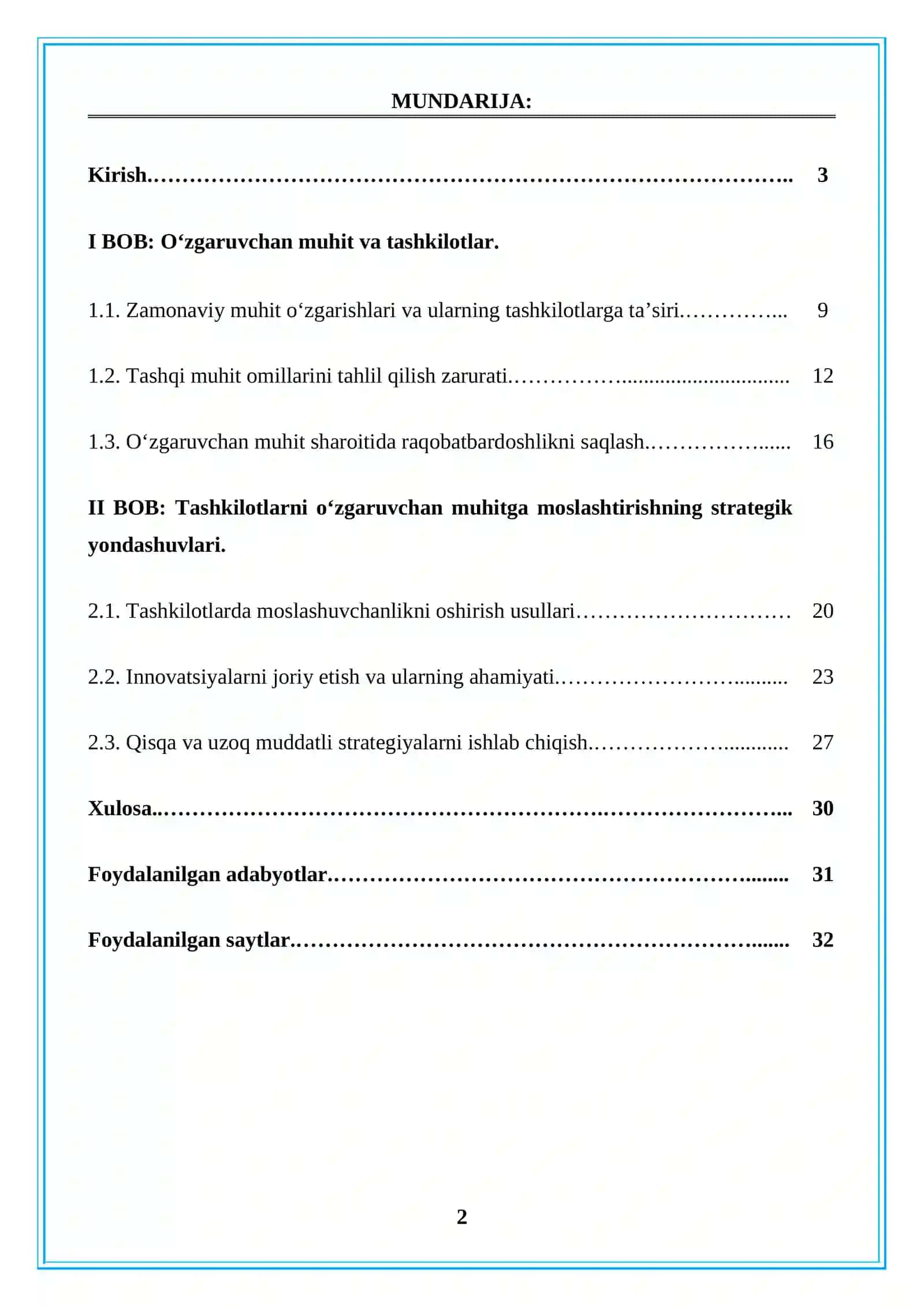 “O'zgaruvchan muhitga tashkilotlarni moslashtirish” kurs ishi 2