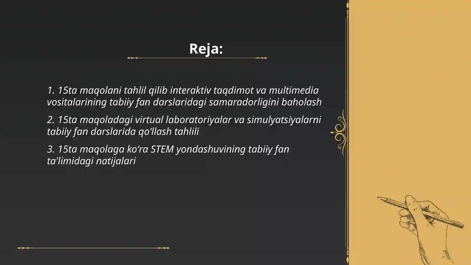 Tabiiy fanlar mavzulariga oid darslarda zamonaviy pedagogik texnologiyalardan foydalanishga qaratilgan 15ta maqolani o'rganish va tahlil qilish 2