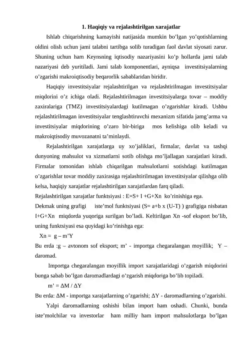Haqiqiy va rejalashtirilgan xarajatlar 2