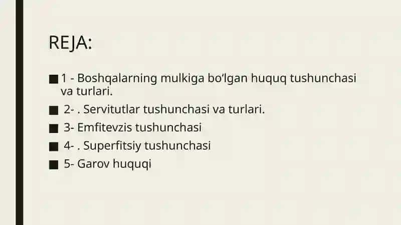 BOShQALARNING MULKIGA BO‘LGAN HUQUQ 2