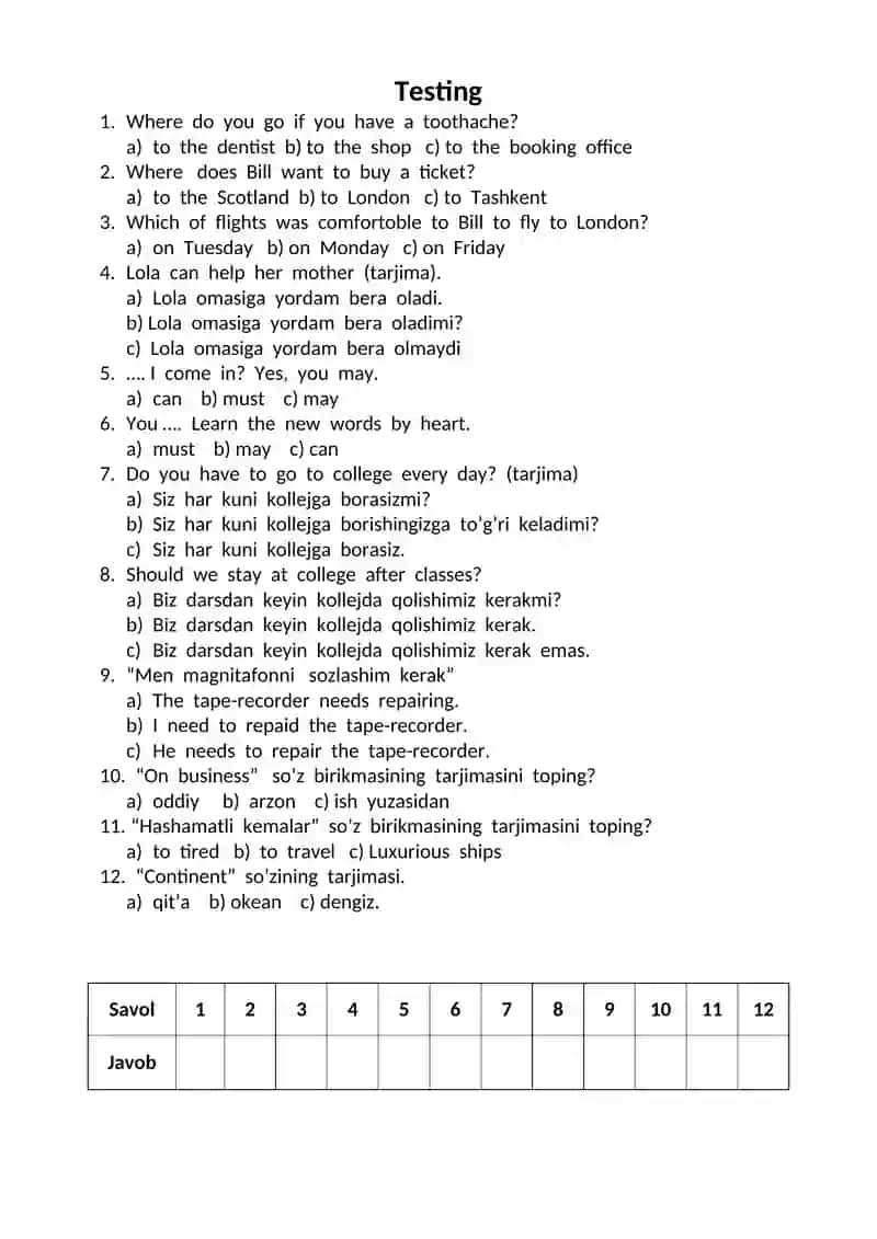 Ingliz tili Test Savollari 2