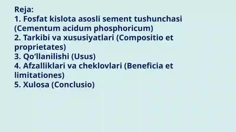 Fosfat kislota asosli sementlarning qo‘llanilishi va xususiyatlari 2