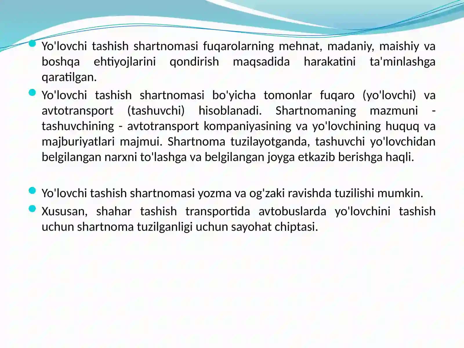 Mavzu №13: YO'LOVCHILAR, BAGAJ-YUKLAR VA POCHTALAR TASHISH SHARTNOMALARI 2