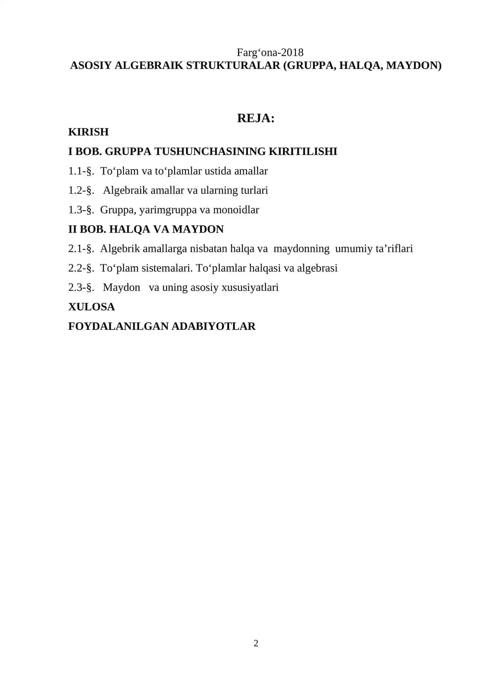 ASOSIY ALGEBRAIK STRUKTURALAR (GRUPPA, HALQA, MAYDON) 2