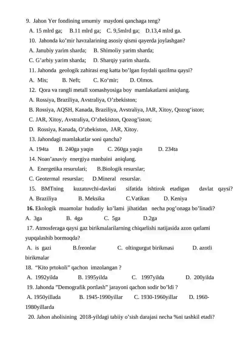9-sinflar uchun Geografiya fanidan test savollari 2