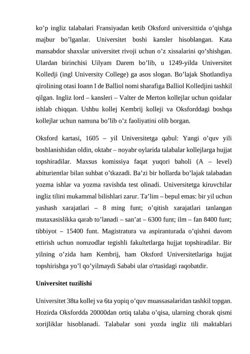 Oksford universitetining shakllanish tarixi va bugungi kundagi faoliyati 2