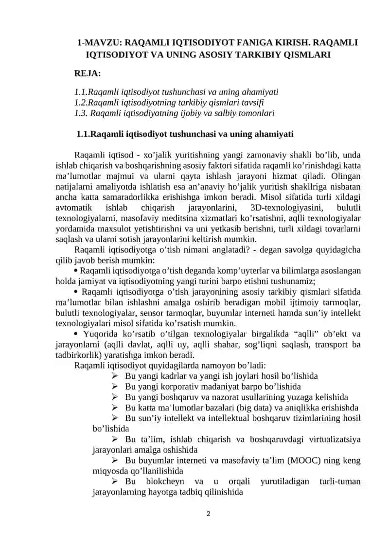 RAQAMLI IQTISODIYOT FANIGA KIRISH. RAQAMLI IQTISODIYOT VA UNING ASOSIY TARKIBIY QISMLARI 2