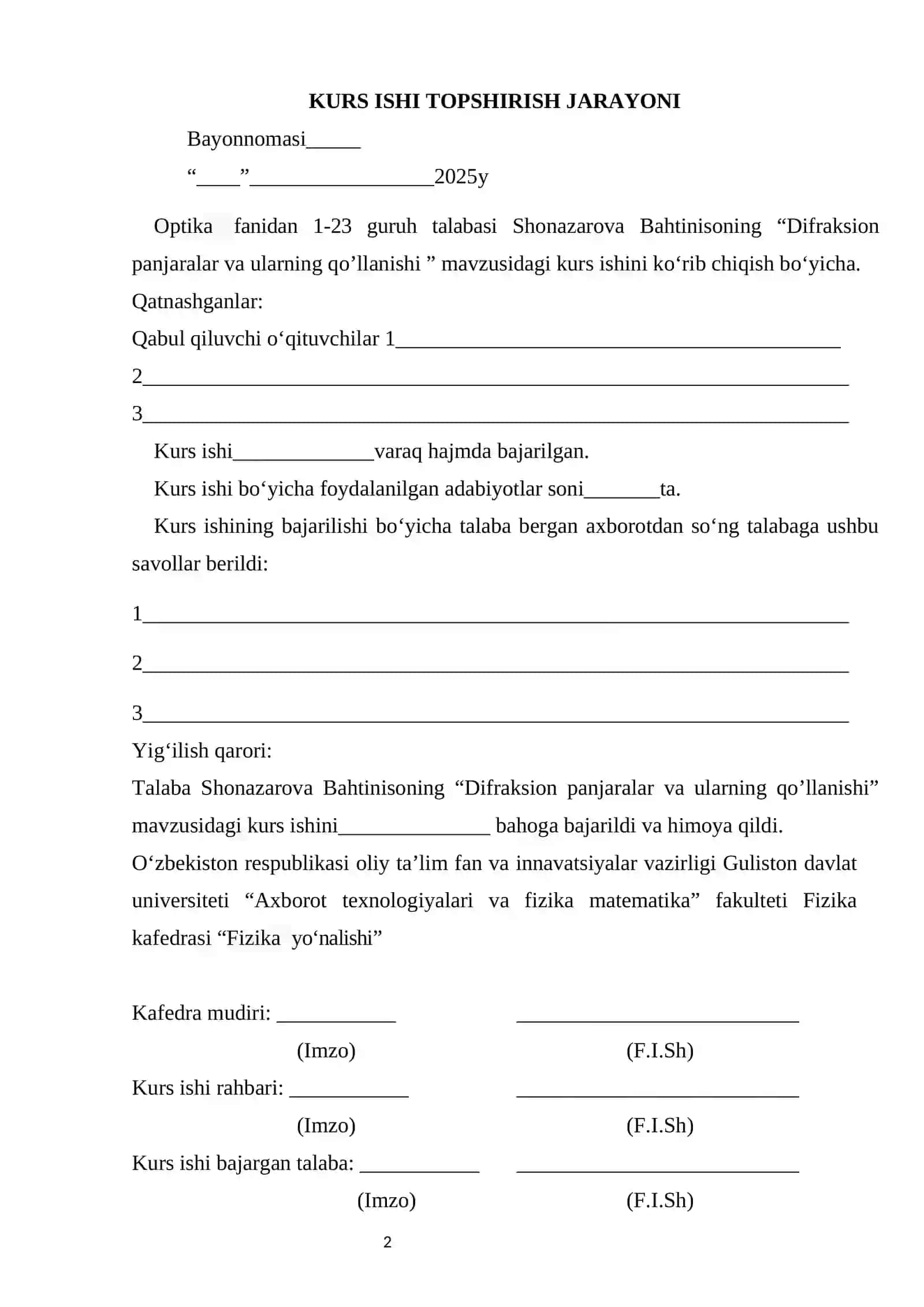DIFRAKSION PANJARALAR VA ULARNING QO’LLANISHI 2