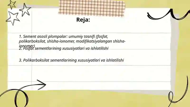 Stomatologiyada Sement asosli plompalar tasnifi va qullanılıshda ishlatiladigan jihozlar 2