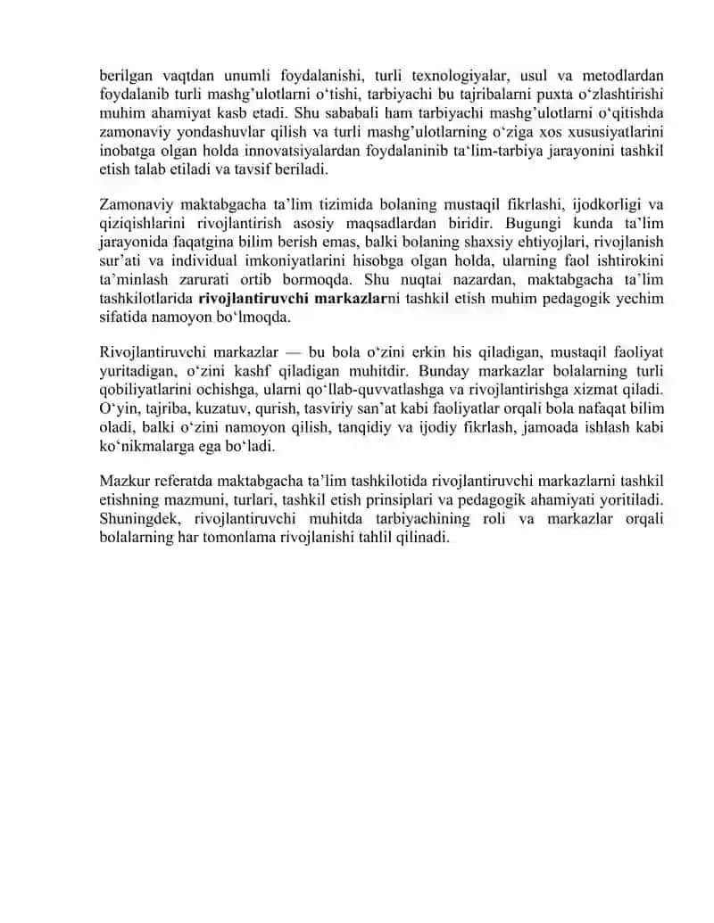 REFARAT "Maktabgacha ta’lim tashkilotida rivojlantiruvchi markazlarni tashkil etish " MAVZUSIDA 2