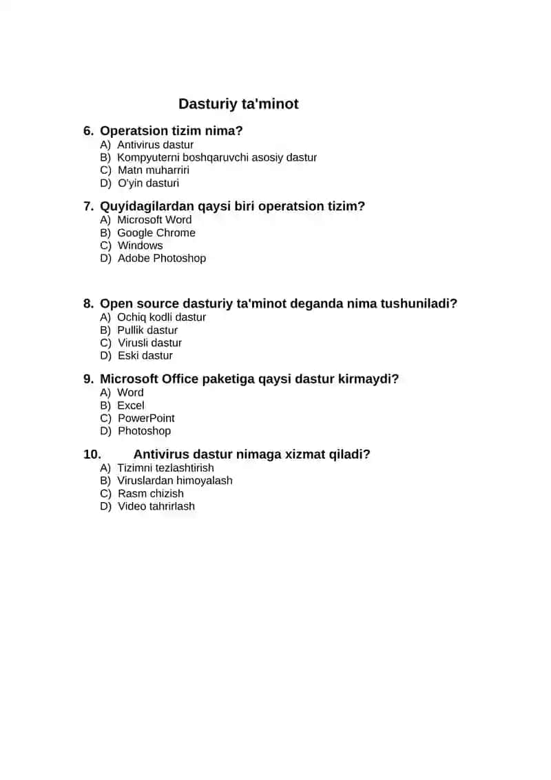 Axborot Texnologiyalari Testi 2