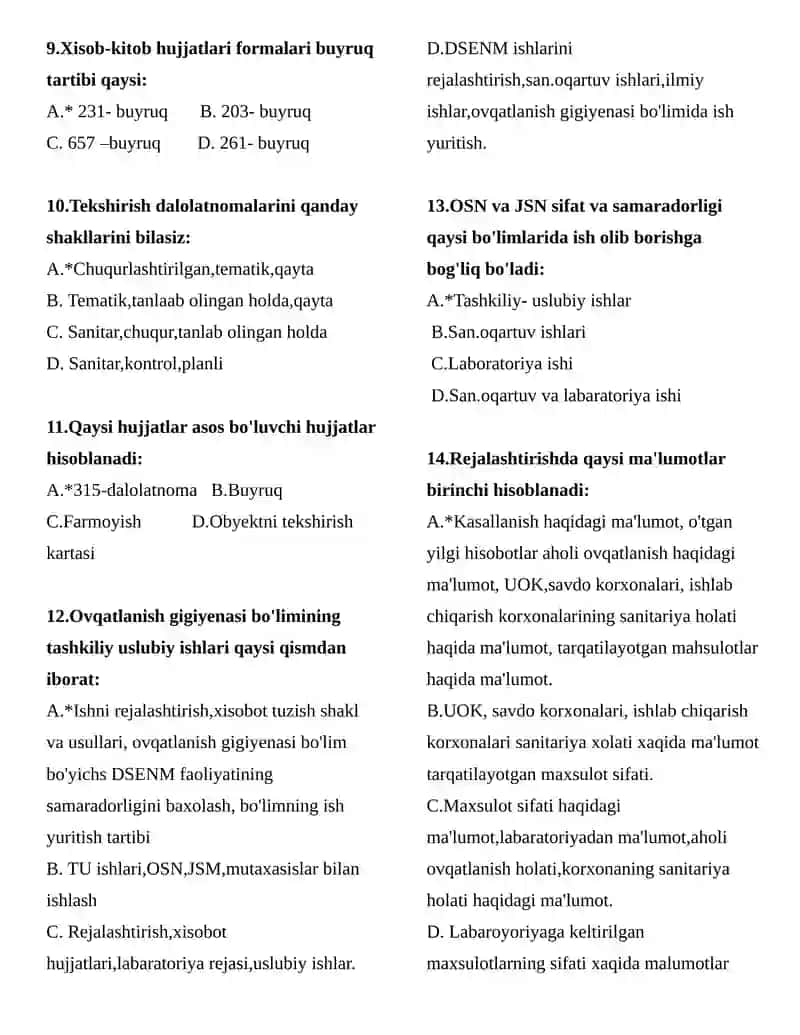 Ovqatlanish gigiyenasi fanidan test savollari, javoblari bilan 2