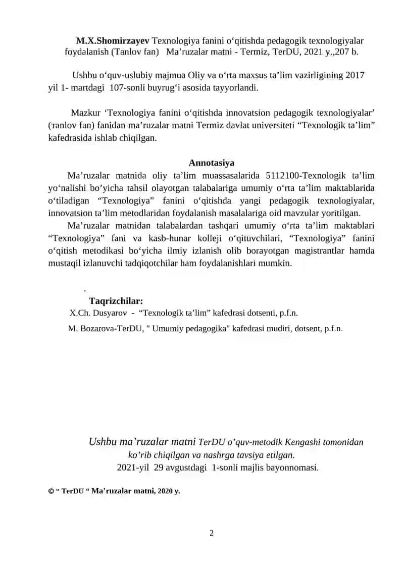 Texnologiya fanini o‘qitishda pedagogik texnologiyalar foydalanish (Tanlov fan) Ma’ruzalar matni - Termiz, TerDU, 2021 y.,207 b. 2