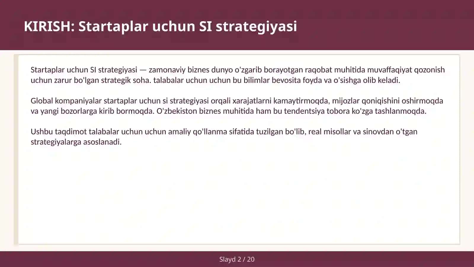 Startaplar uchun SI Strategiyasi 2