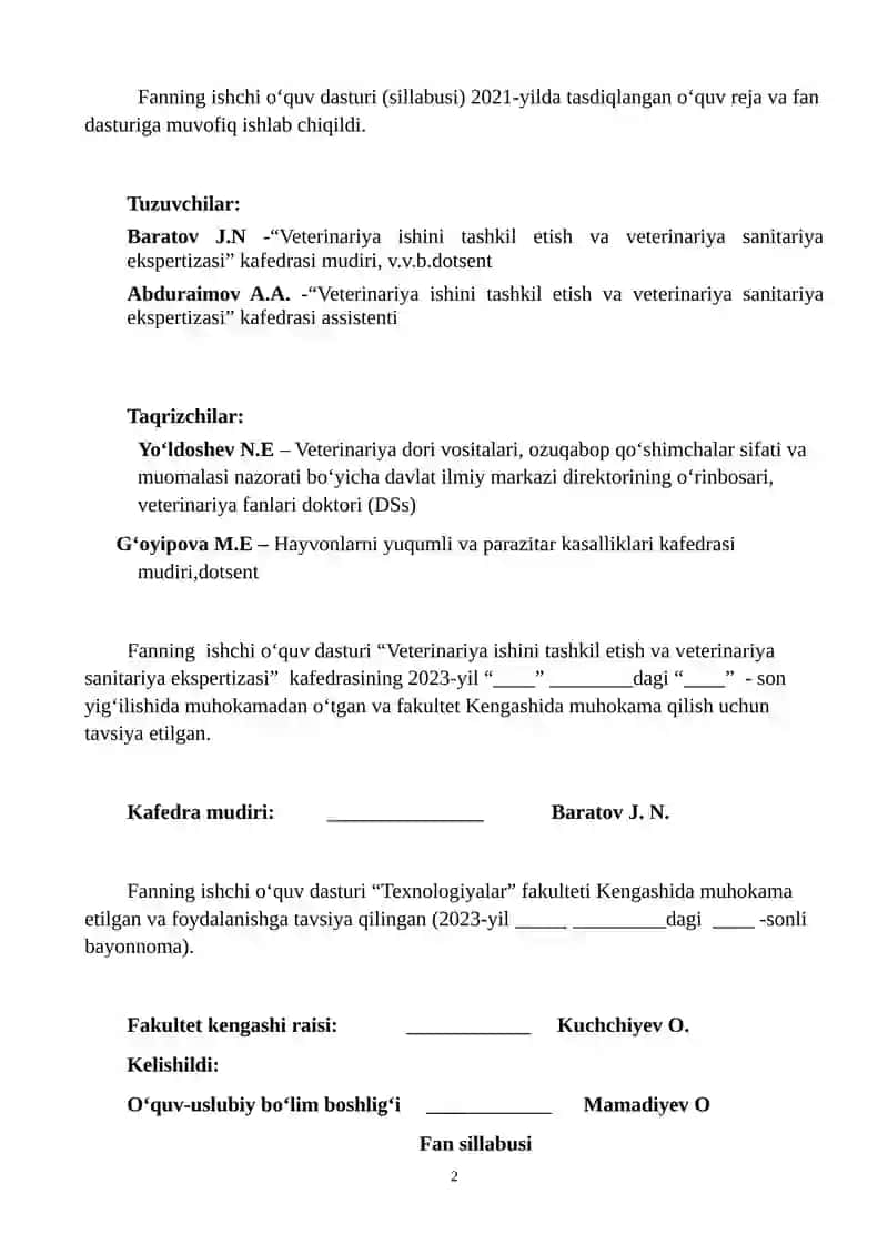 VETERINARIYA ASOSLARI FANINING ISHCHI O‘QUV DASTURI (SILLABUSI) 2