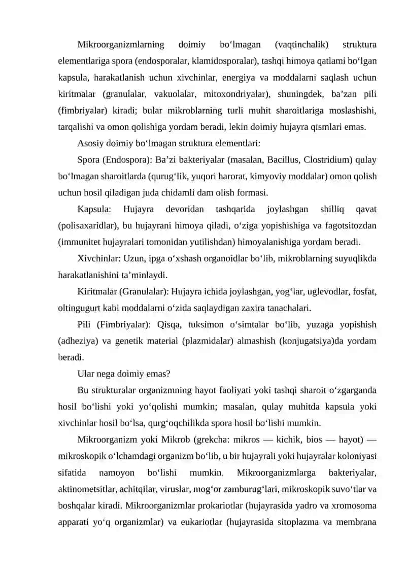 MIKROORGANIZMLARNI DOIMIY BO'LMAGAN STRAKTURA ELEMENTLARI SPORA, KAPSULA, XIVCHINLAR, KIRITMALAR VA BOSHQA 2