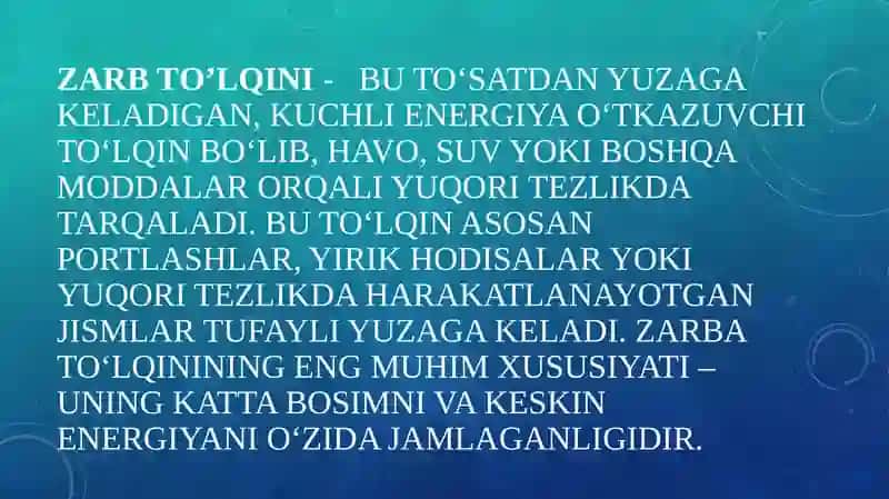 To‘lqin zarbi. Jabrlanish zonalari tavsifi. Yorug‘lik ajralishi. O’tuvchi nurlar 2