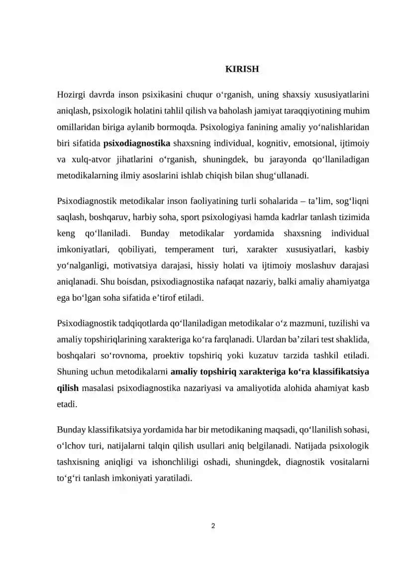Amaliy topshiriq xarakteriga ko'ra psixodiagnostik metodikalar klassifikatsiyasi 2