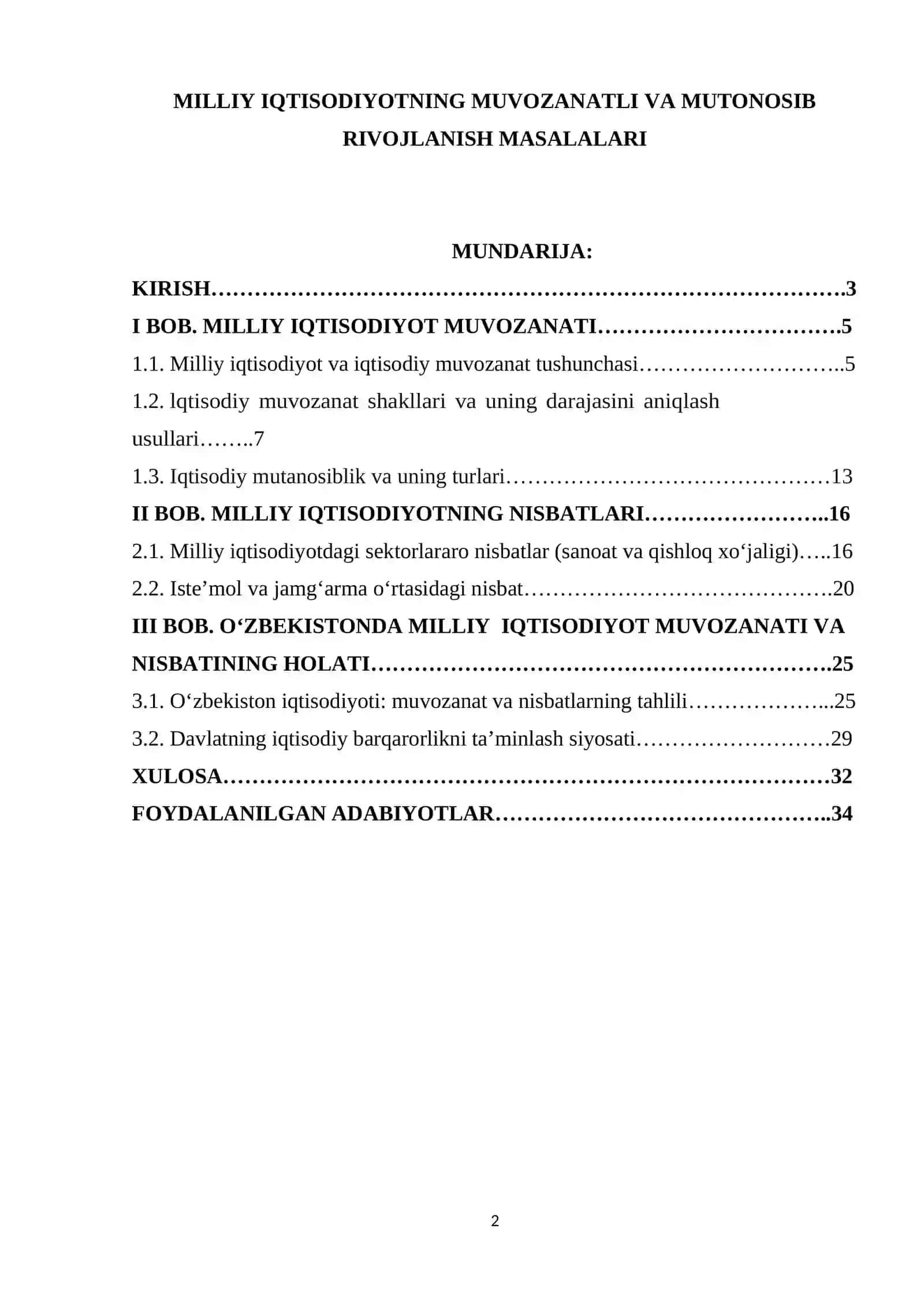 MILLIY IQTISODIYOTNING MUVOZANATLI VA MUTONOSIB RIVOJLANISH MASALALARI 2