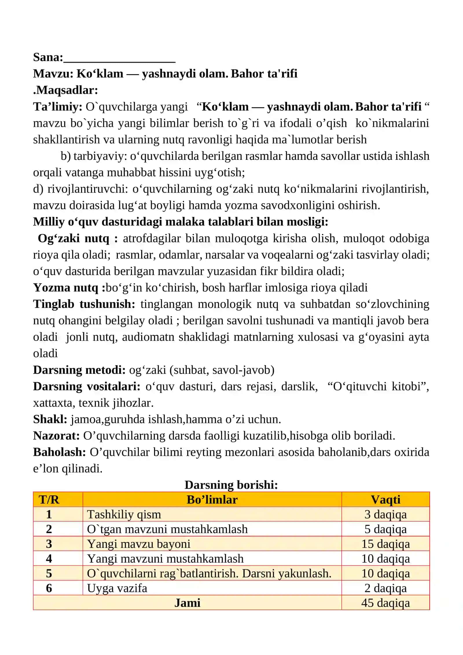 Koʻklam — yashnaydi olam. Bahor ta'rifi 1-sinf o'qish savodxonligi dars ishlanmasi 2