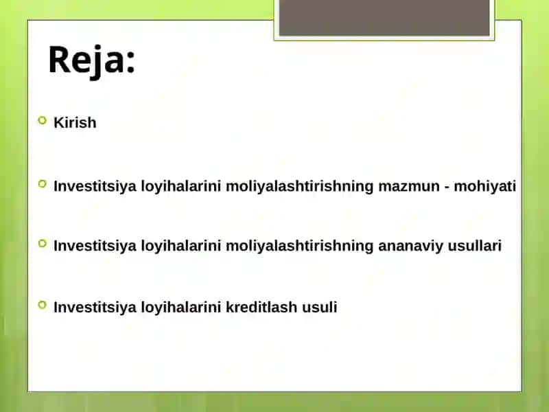 Investitsiyalarni moliyalashtirish 2