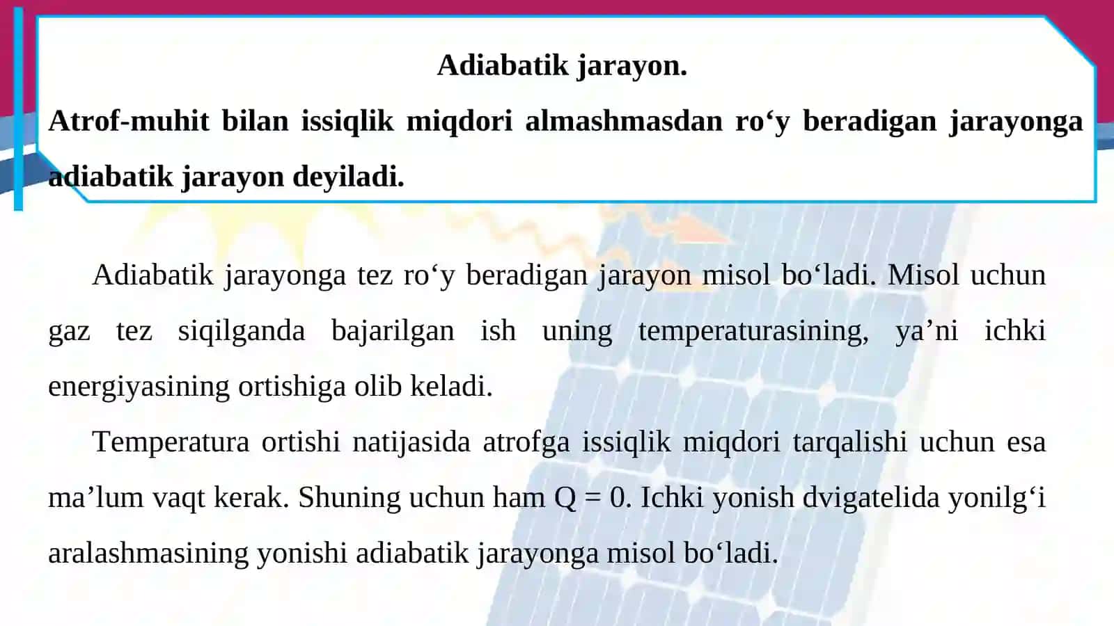 Adiabatik jarayon. Issiqlik mashinasining foydali ish koeffitsiyenti. Karno sikli 2
