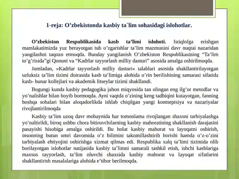Kasbiy Ta'lim sohasidagi islohotlar va yangi pedagogik texnologiyalar zaruriyati 2