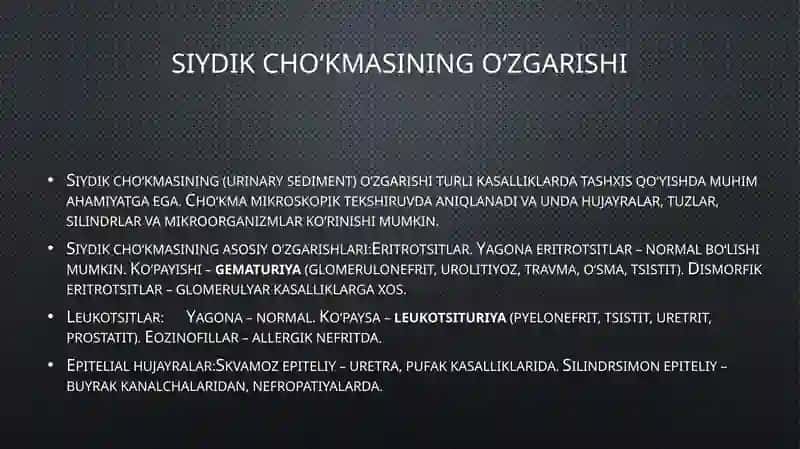 Siydik cho‘kmasining o‘zgarishi. Patologik siydik cho‘kmasidagi o‘zgarishlarni qiyosiy tashxislash.Pielonefrit, glomerulonefrit, interstitsial nefrit qiyosiy tashxislash. OSH taktikasi.» 2