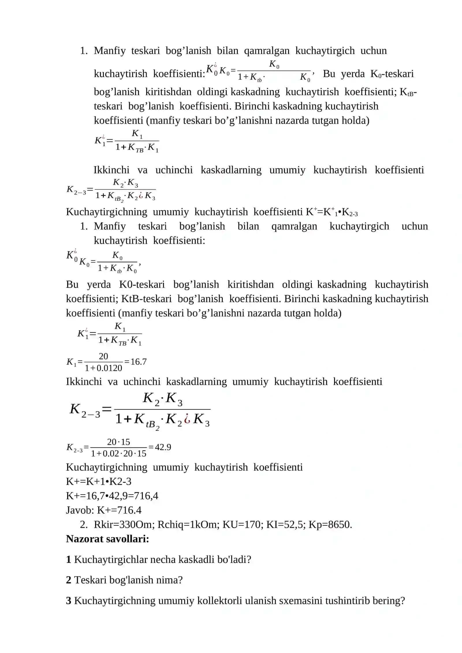 Mashg'ulot: Teskari bog‘lanish kuchaytirgichni hisoblash 2