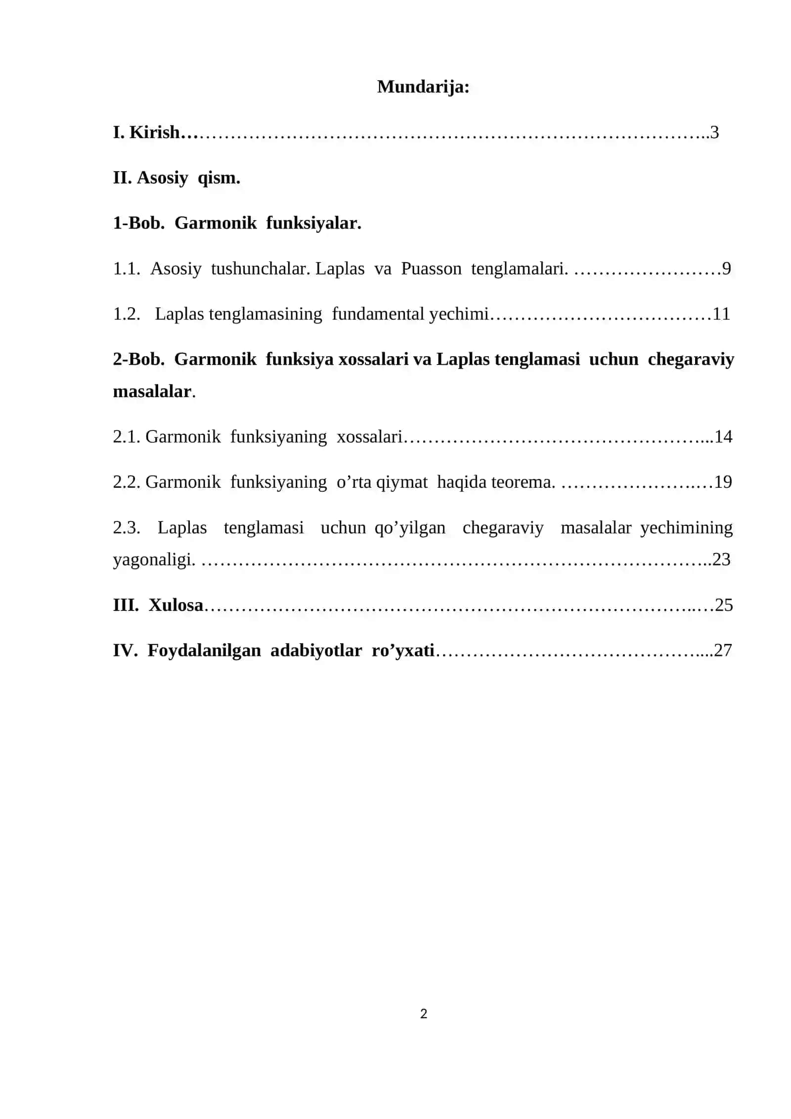 Elliptik tipdagi tenglamalar. Garmonik funksiya va uning asosiy xossalar. Laplas tenglamasini yechish 2