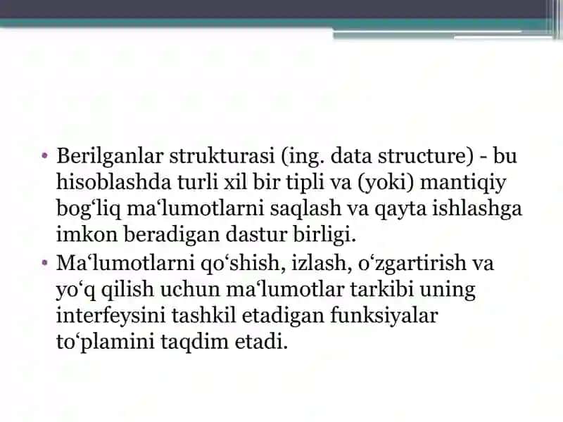 Berilgan sodda strukturalari: stek, navbat, ro`yxat va vektorlar 2