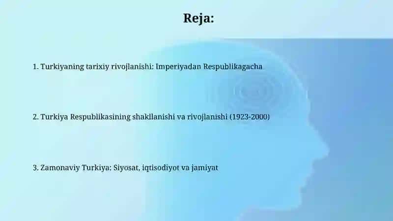 Turkiya davlati tarixi rivojlanishi va zamonaviy Turkiya haqida maʼlumotlar 2