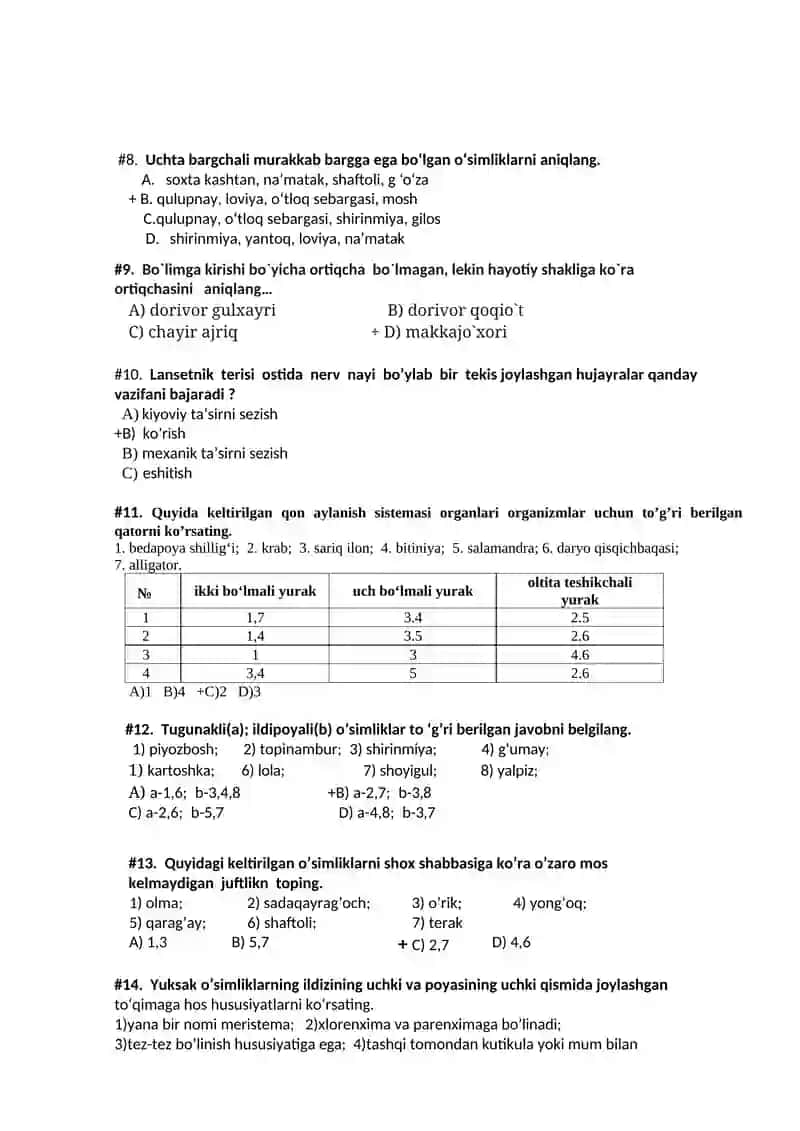 Biologiya fanidan test savollari 2