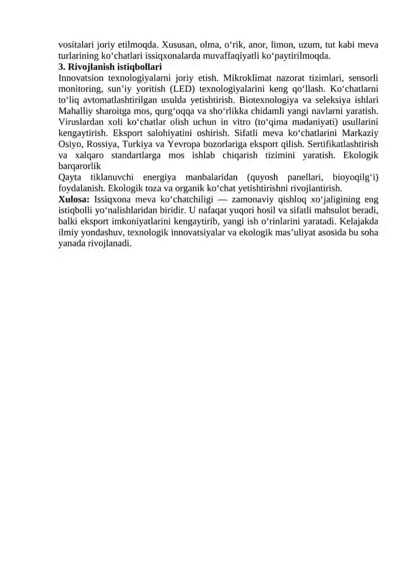 Issiqxona meva ko‘chatchiligining ahamiyati va rivojlanish istiqbollari 2