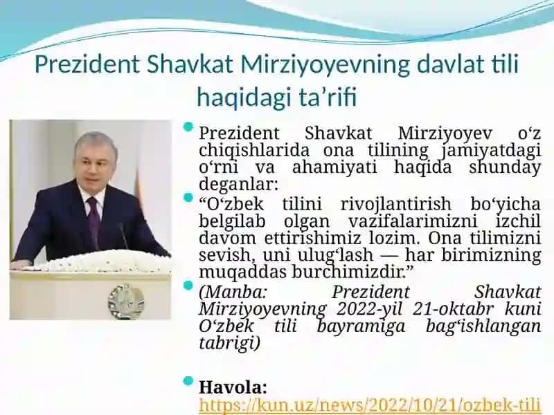O‘zbek tili rivojlantirish bo‘yicha belgilab olgan vazifalarimizni izchil davom ettirishimiz lozim - Prezident Shavkat Mirziyoyev 2