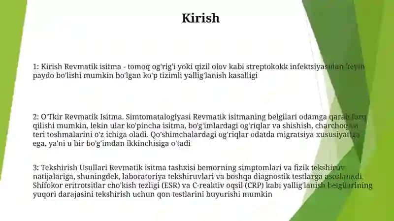 O'Tkir Revmatik Isitma. Simtomatalogiyasi Va Tekshirish Usullari 2