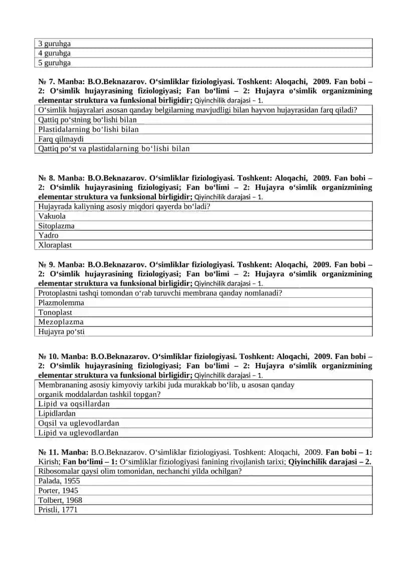 Oʻsimliklar fiziologiyasi TEST SAVOLLARI 2