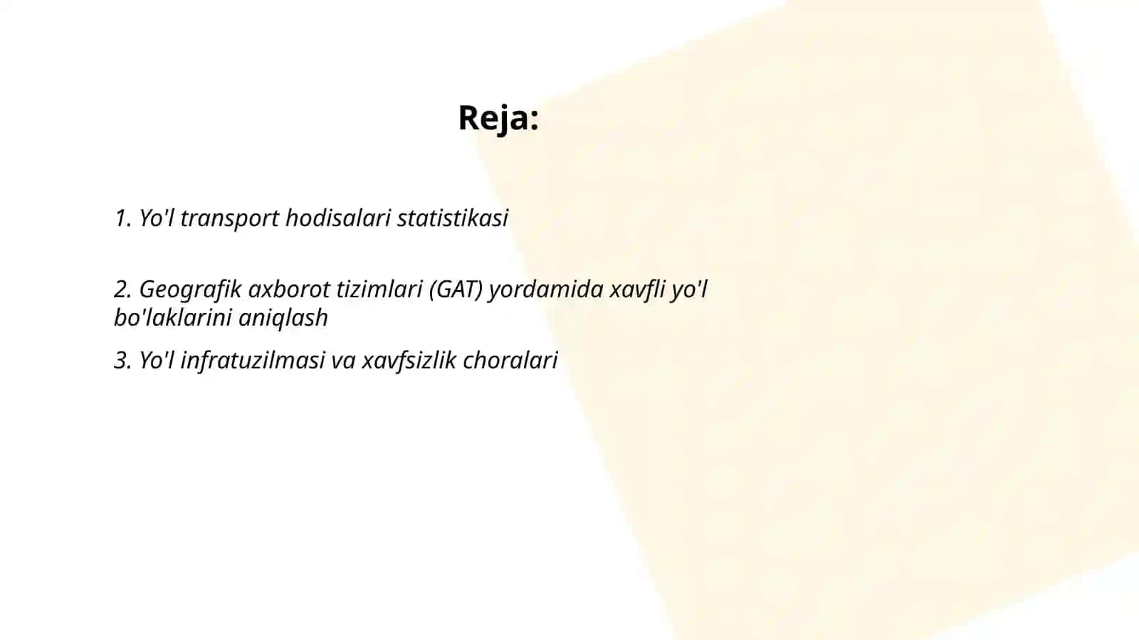 Shahar yo'llarida harakatlanish uchun havfli yo'l bo'laklarini aniqlash usullari 2