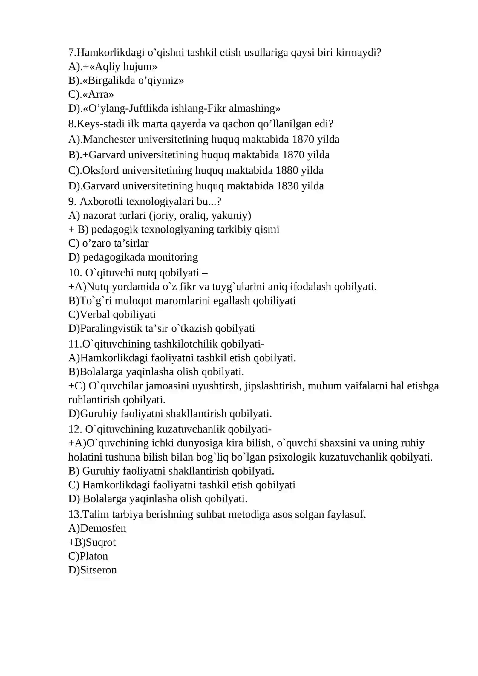 400 ta test savoli. Pedagogik mahorat bo'yicha tushgan savollar 2