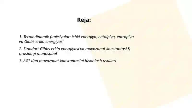 Termodinamik funktsiyalr va muvozanat konstantalarini xisoblash usullari 2