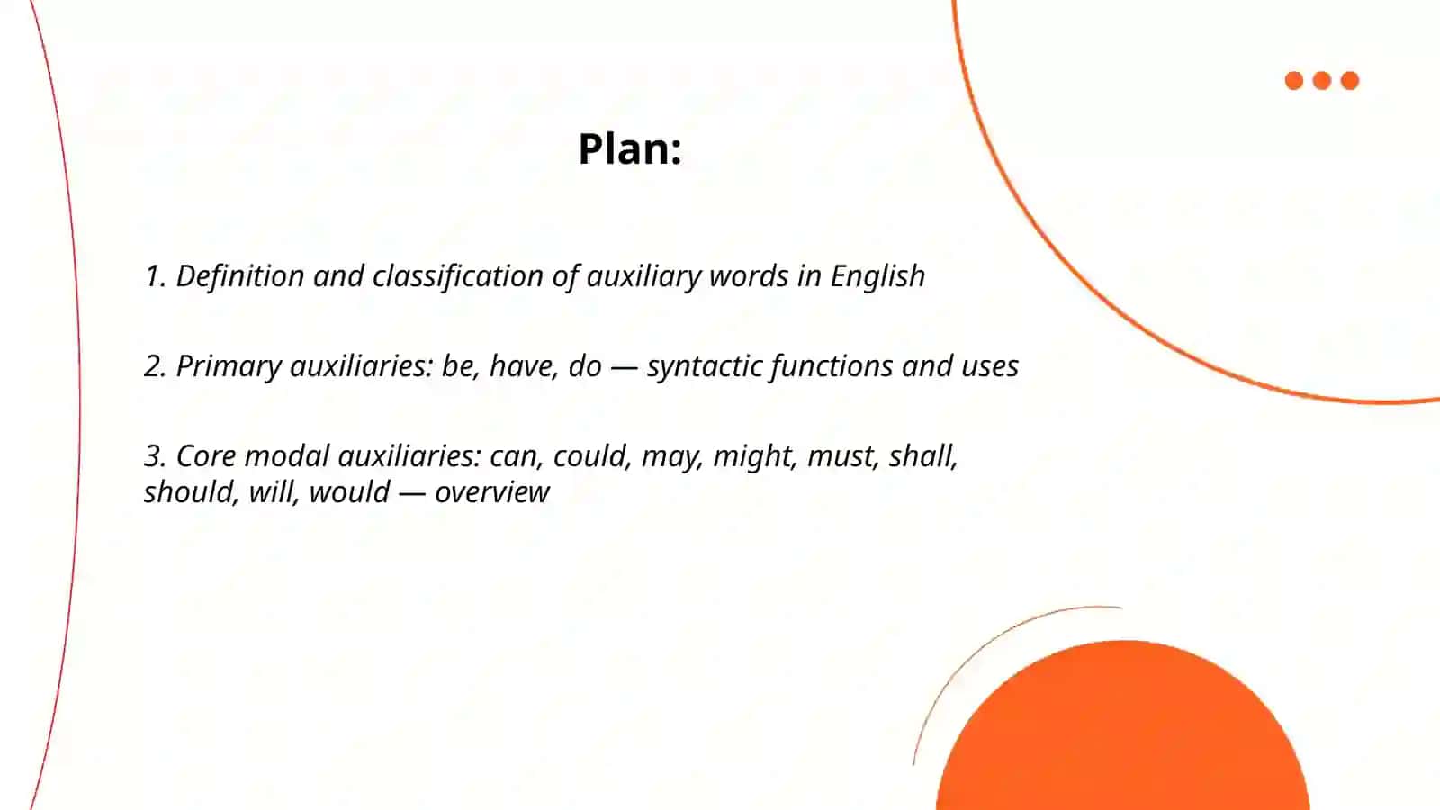 Types of auxiliary words and their function. Category of mood in the verb and lexico-grammatical peculiarities of modal verbs 2