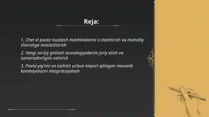 Paxtani dastlabki ishiash bo'yicha chet el texnika va texnologiyalarisi va uskunalarini o'zlashtirish 2