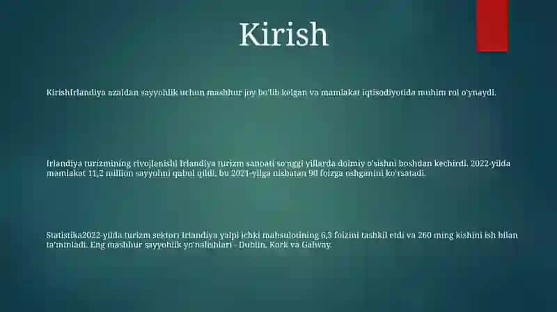 Irlandiya Davlati Urizmining Rivojlanishidagi Holati Haqida Statistik MaʼLumotlar 2