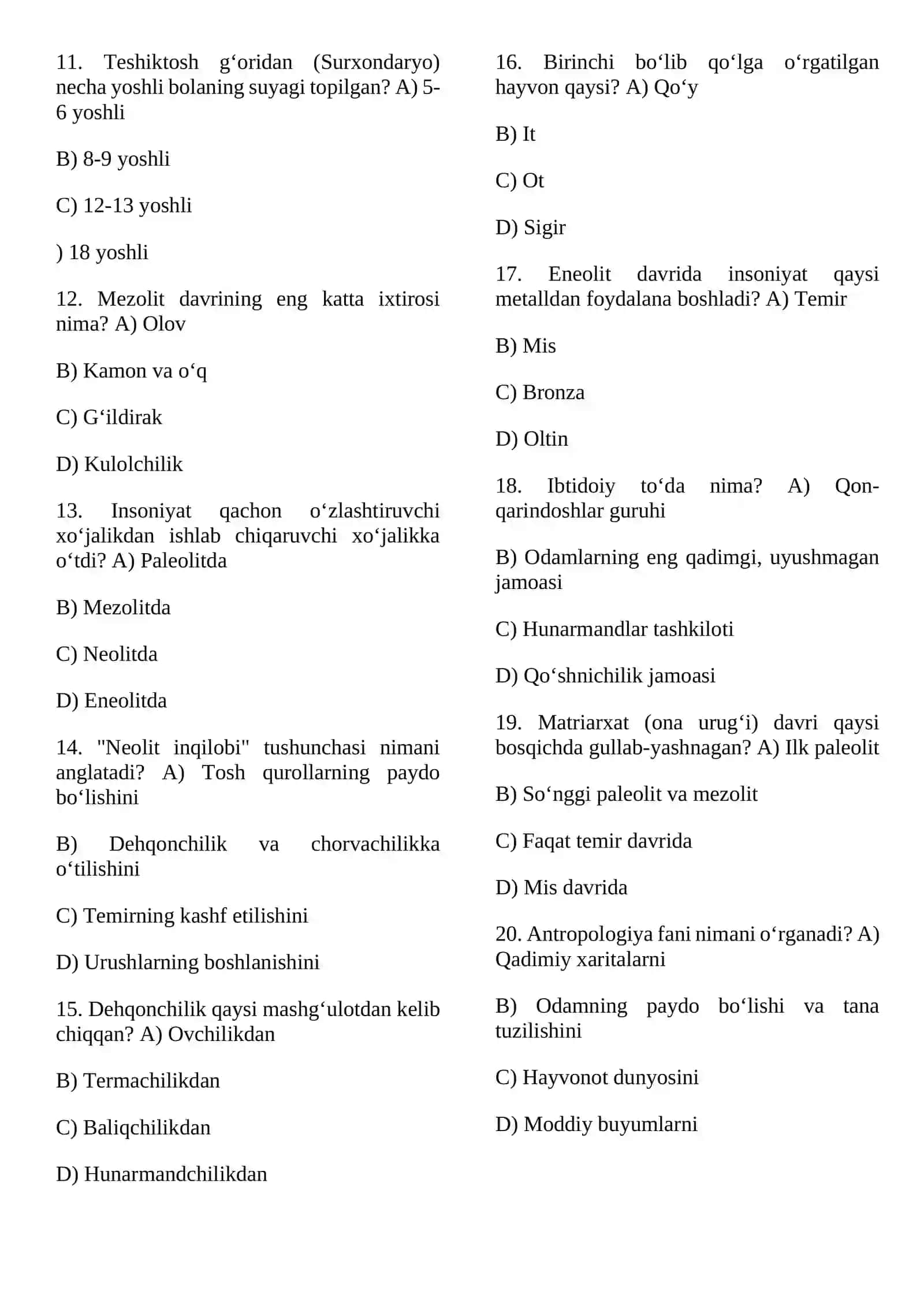 Tarix va Ibtidoiy Davr (30 talik Blok Test) 2