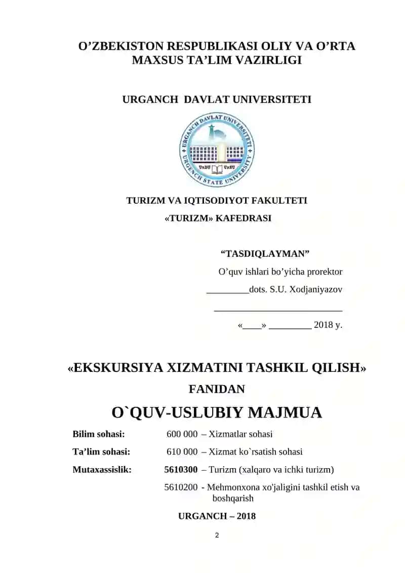 "EKSKURSIYA XIZMATINI TASHKIL QILISH" FANIDAN 2